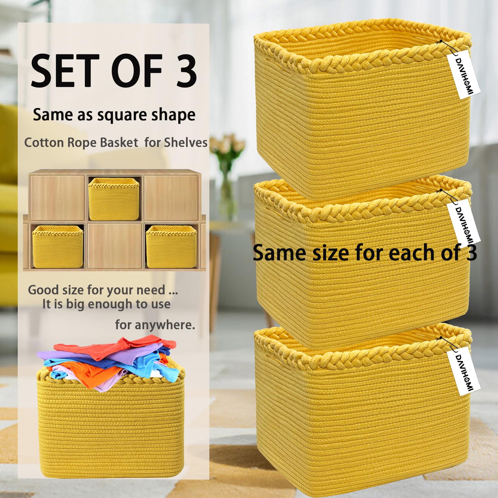 DAVIHOMI 3Pack yellow basket stackable design for clutter-free living room organization.