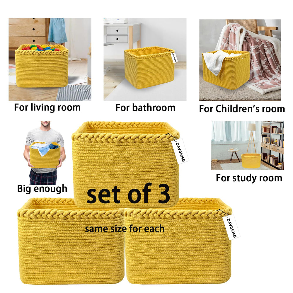 DAVIHOMI 3Pack yellow storage baskets versatile for living room and bathroom decor.