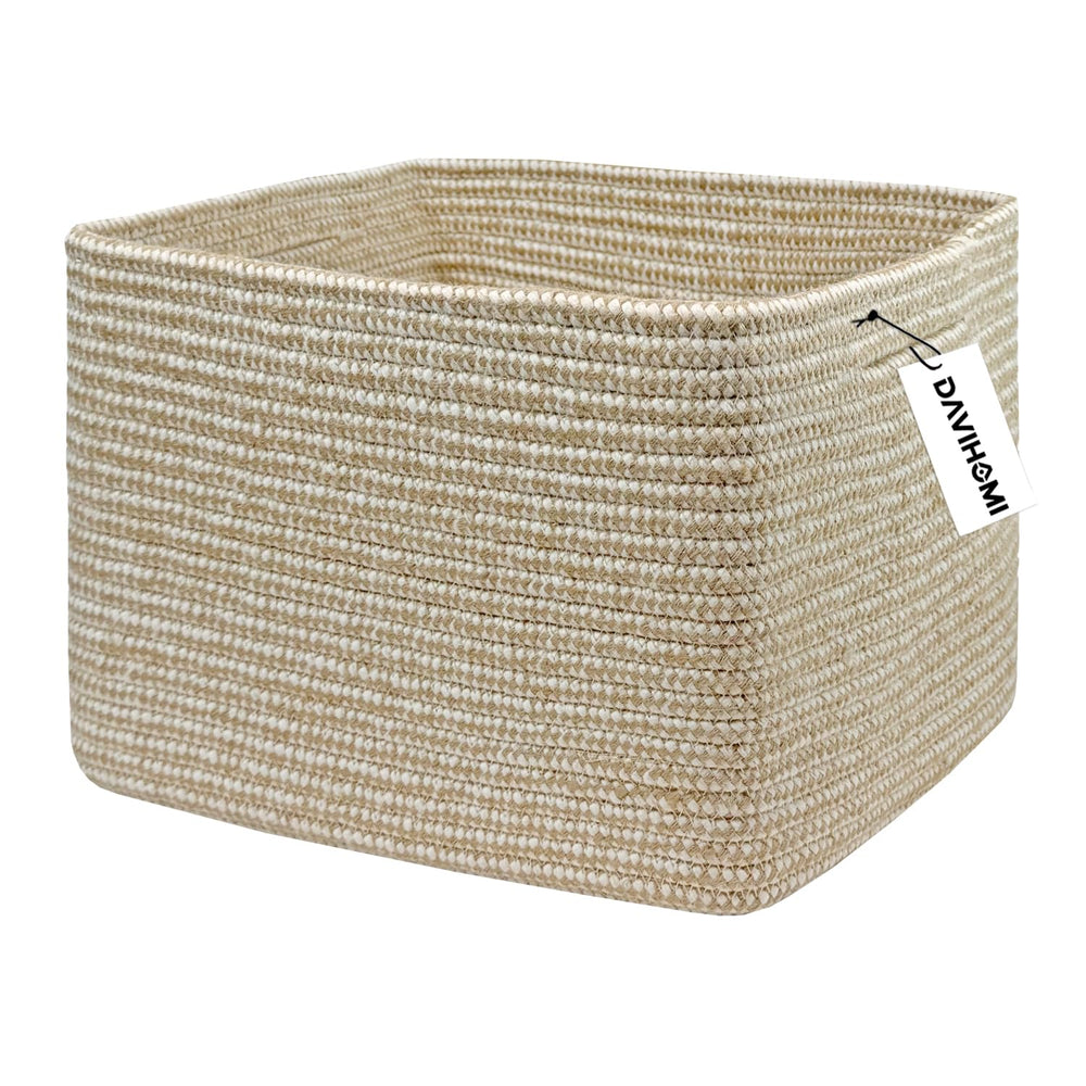DAVIHOMI square woven cotton rope basket front view demonstrates durable storage for living spaces