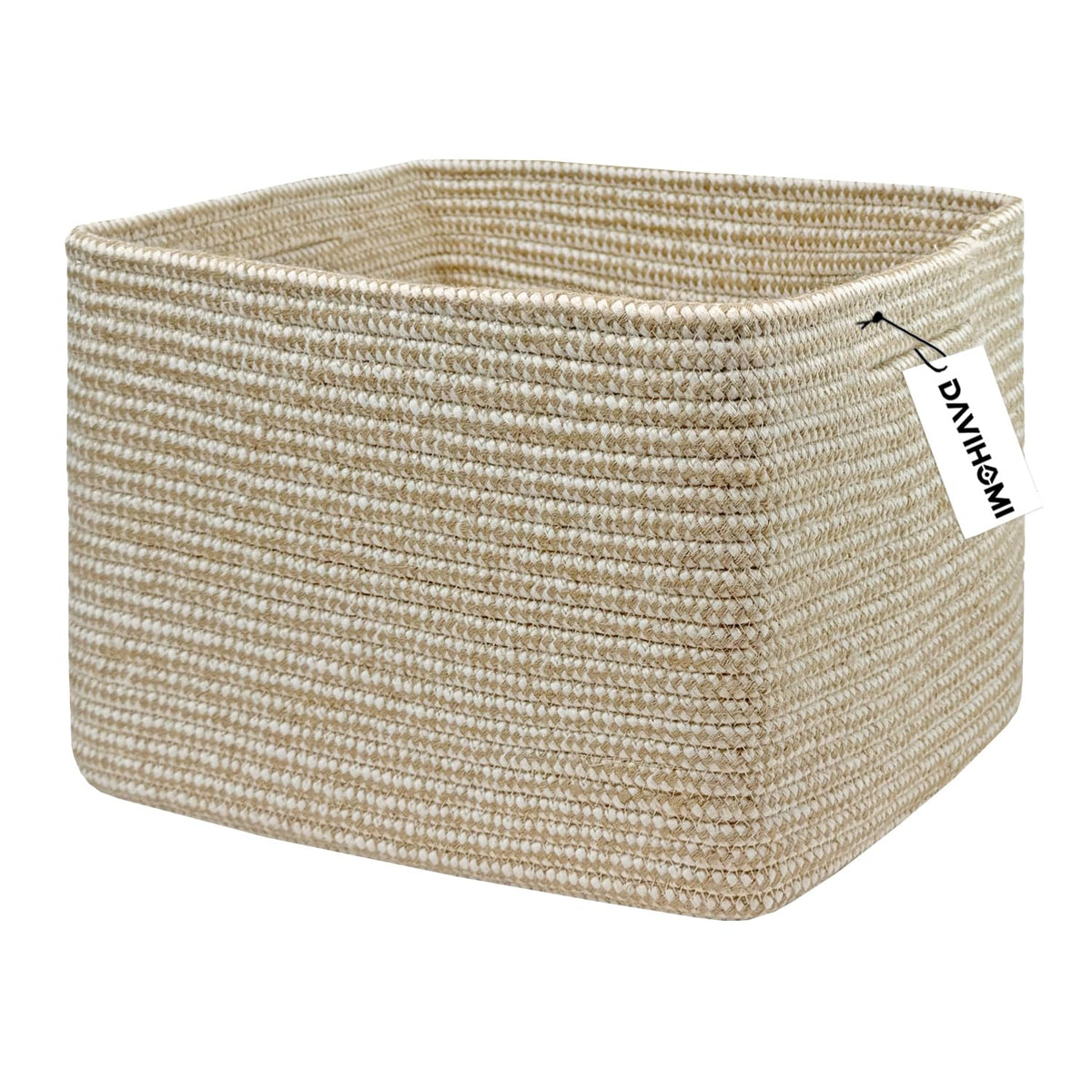 DAVIHOMI square woven cotton rope basket front view demonstrates durable storage for living spaces