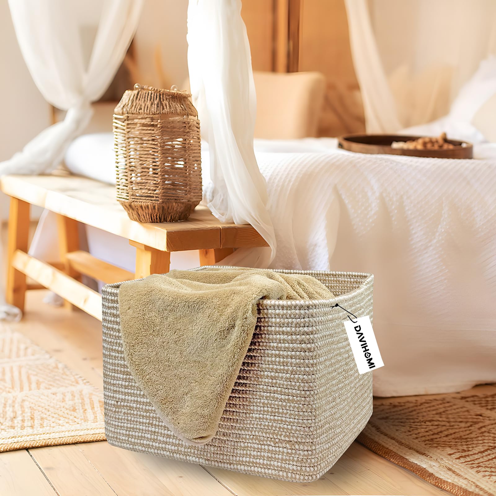 DAVIHOMI square woven cotton rope basket in living room illustrates versatile organization