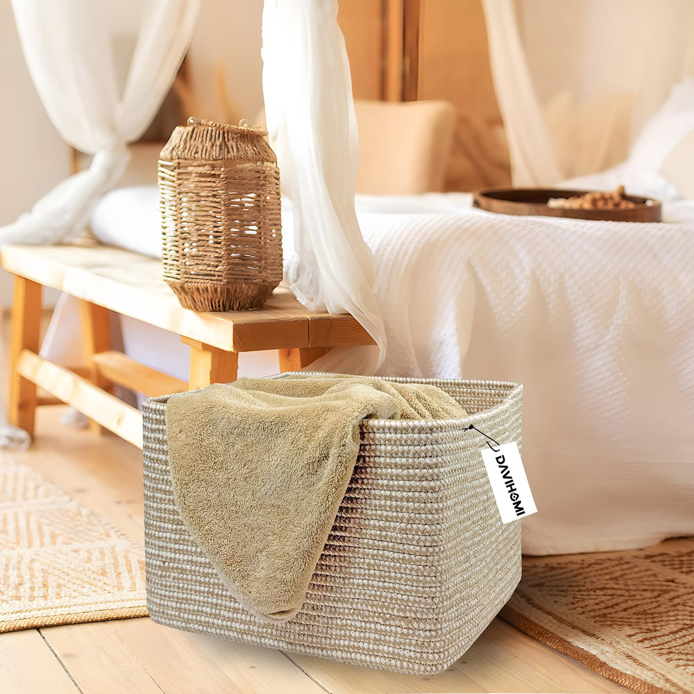 DAVIHOMI square woven cotton rope basket in living room illustrates versatile organization