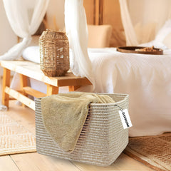 DAVIHOMI square woven cotton rope basket in living room illustrates versatile organization