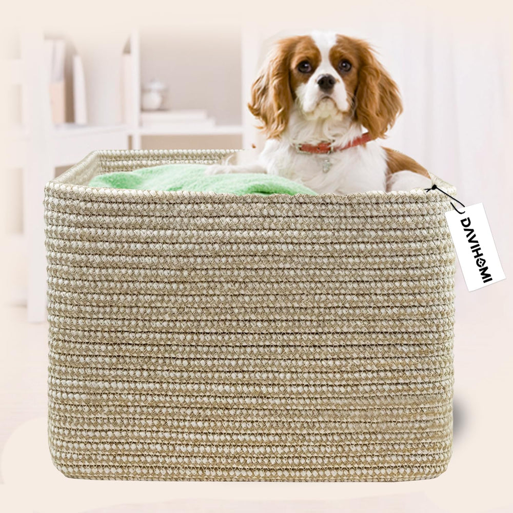DAVIHOMI square woven cotton rope basket top view reveals organized catch-all for essentials
