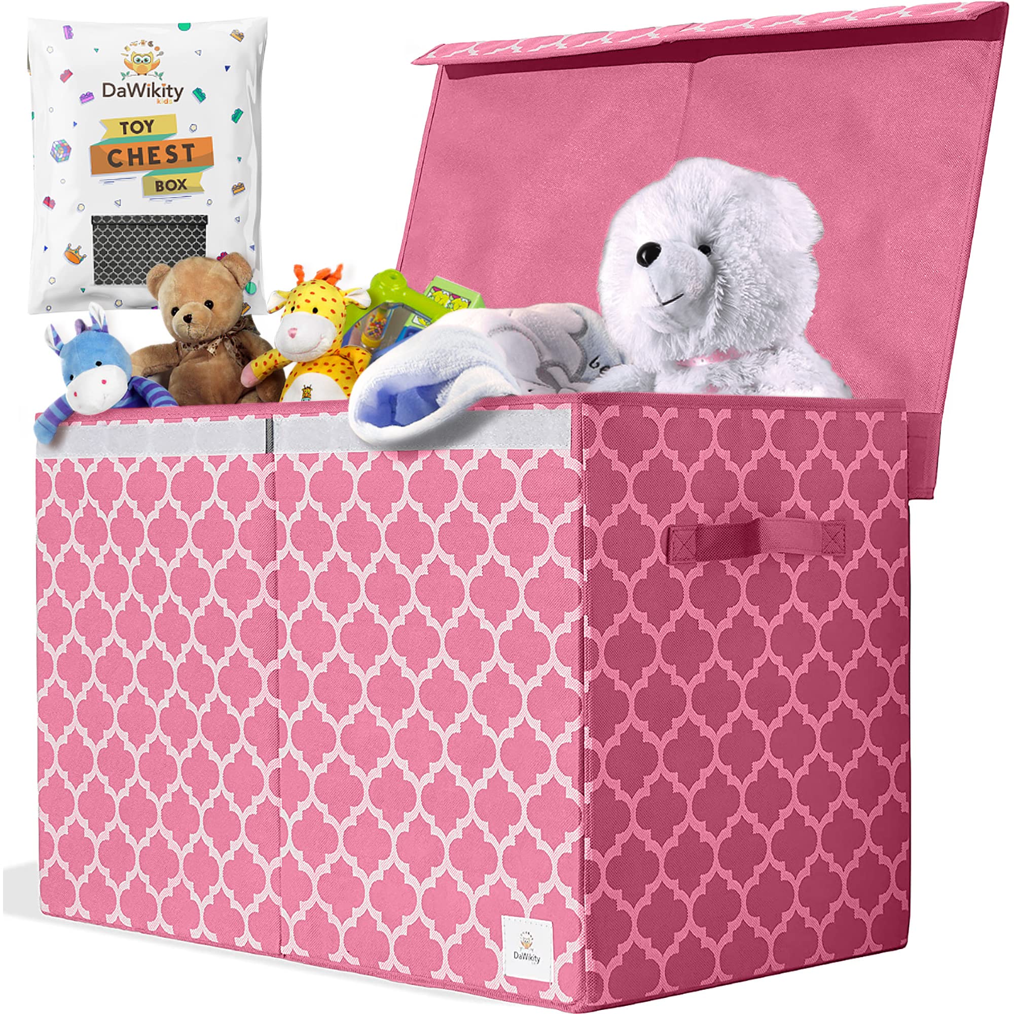 DaWikity Kids Toy Chest pink lid open for easy access and quick cleanup.