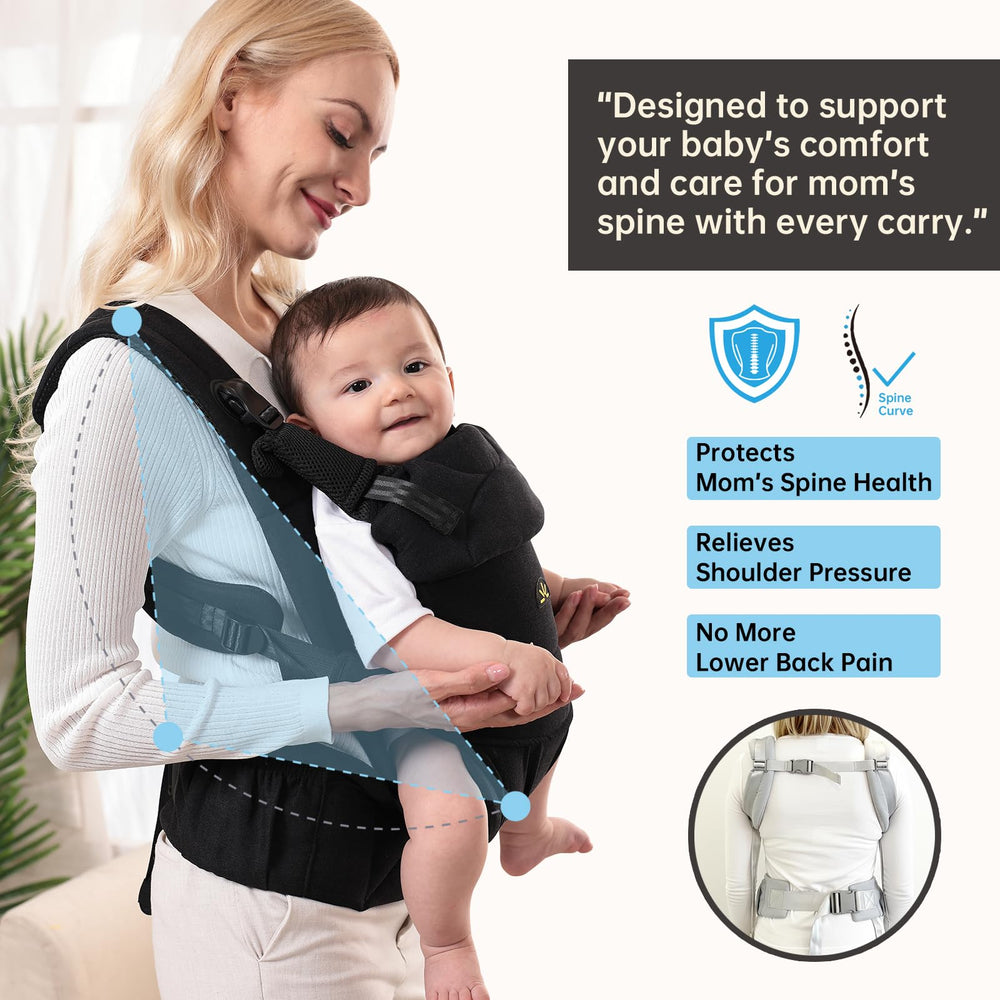 Dawnbud ergonomic hip-position design supports comfortable seating as baby grows.