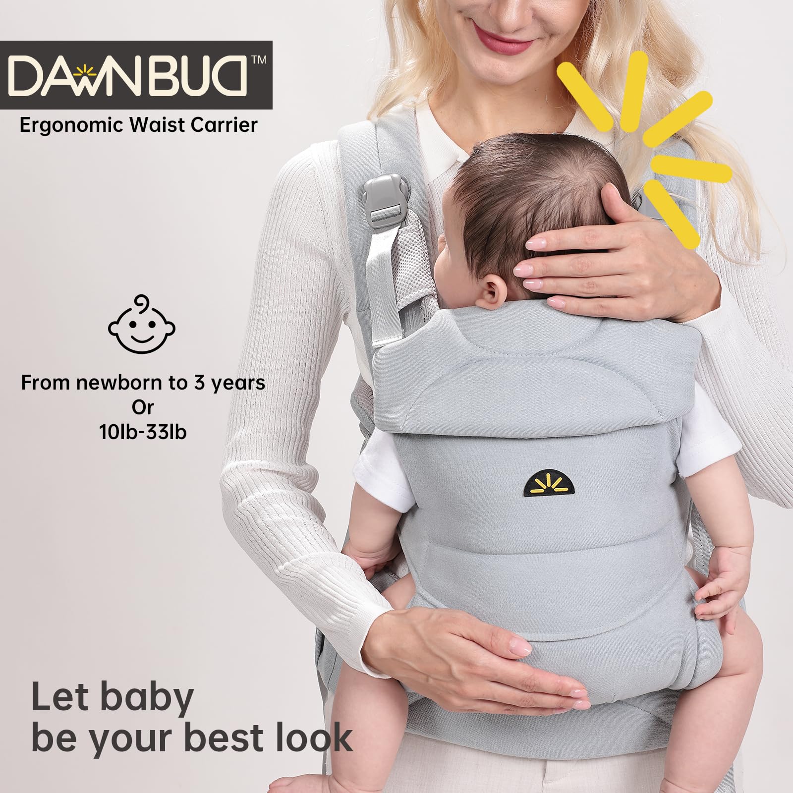 Dawnbud weightless baby carrier blue ergonomic-hip-support highlights hip-friendly ergonomics.