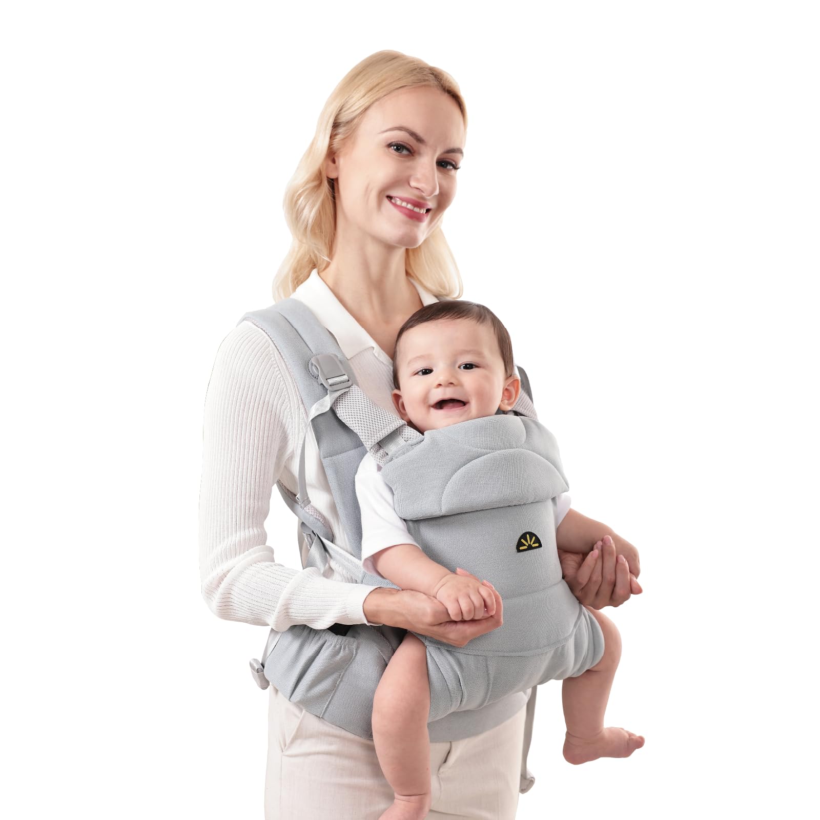 Dawnbud weightless baby carrier blue front view for comfortable baby wearing on the go.