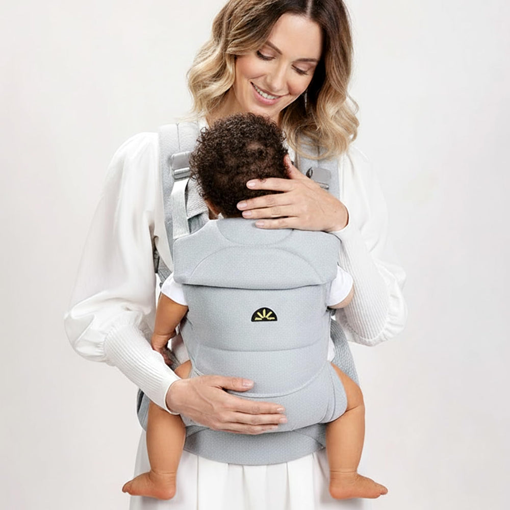 Dawnbud weightless baby carrier blue head-support detail conveys secure positioning.