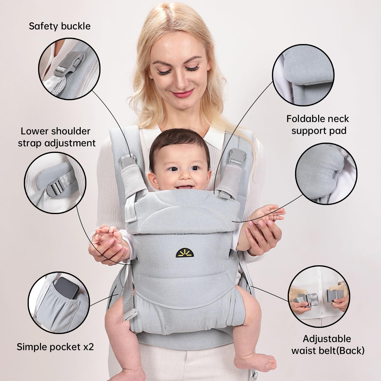 Dawnbud weightless baby carrier blue soft-fabric closeup emphasizes gentle touch.
