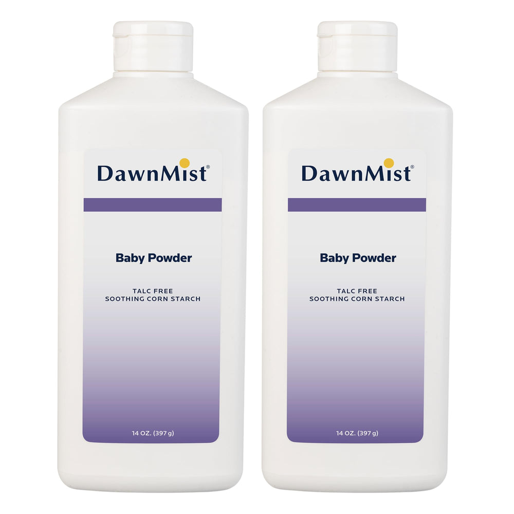 DawnMist Dukal corn starch baby powder bottle cap for dispensing convenience.