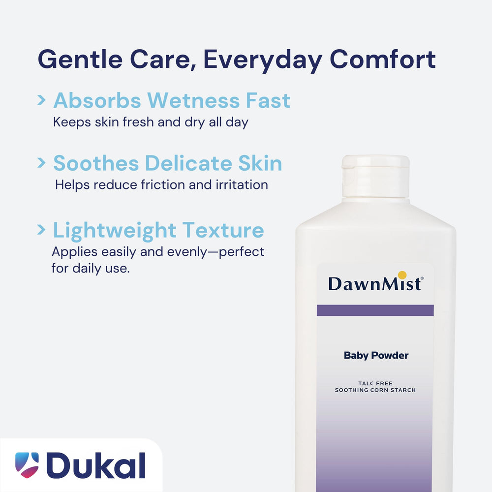 DawnMist Dukal powder applied near diaper area indicates gentle moisture absorption.