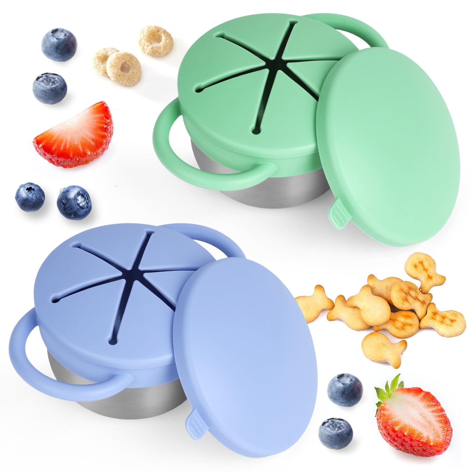 Daximo snack cups in blue and green with silicone lids for mess-free snacking.