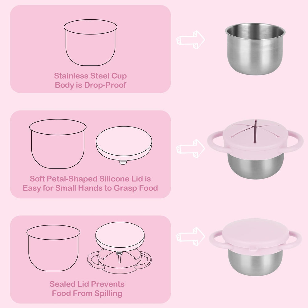 Daximo snack cups dual handles help little hands grip securely for independent eating.