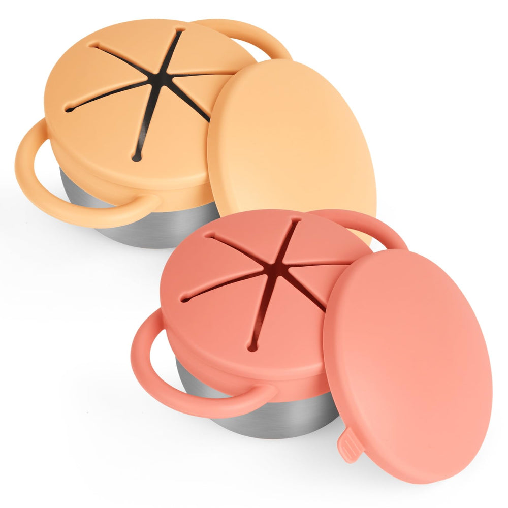 Daximo snack cups orange and yellow with dual handles for easy toddler grip.