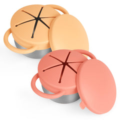 Daximo snack cups orange and yellow with dual handles for easy toddler grip.