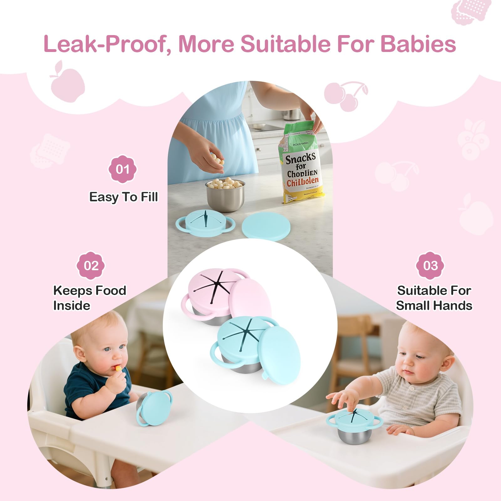Daximo snack cups silicone lid keeps snacks fresh and prevents spills during playtime.