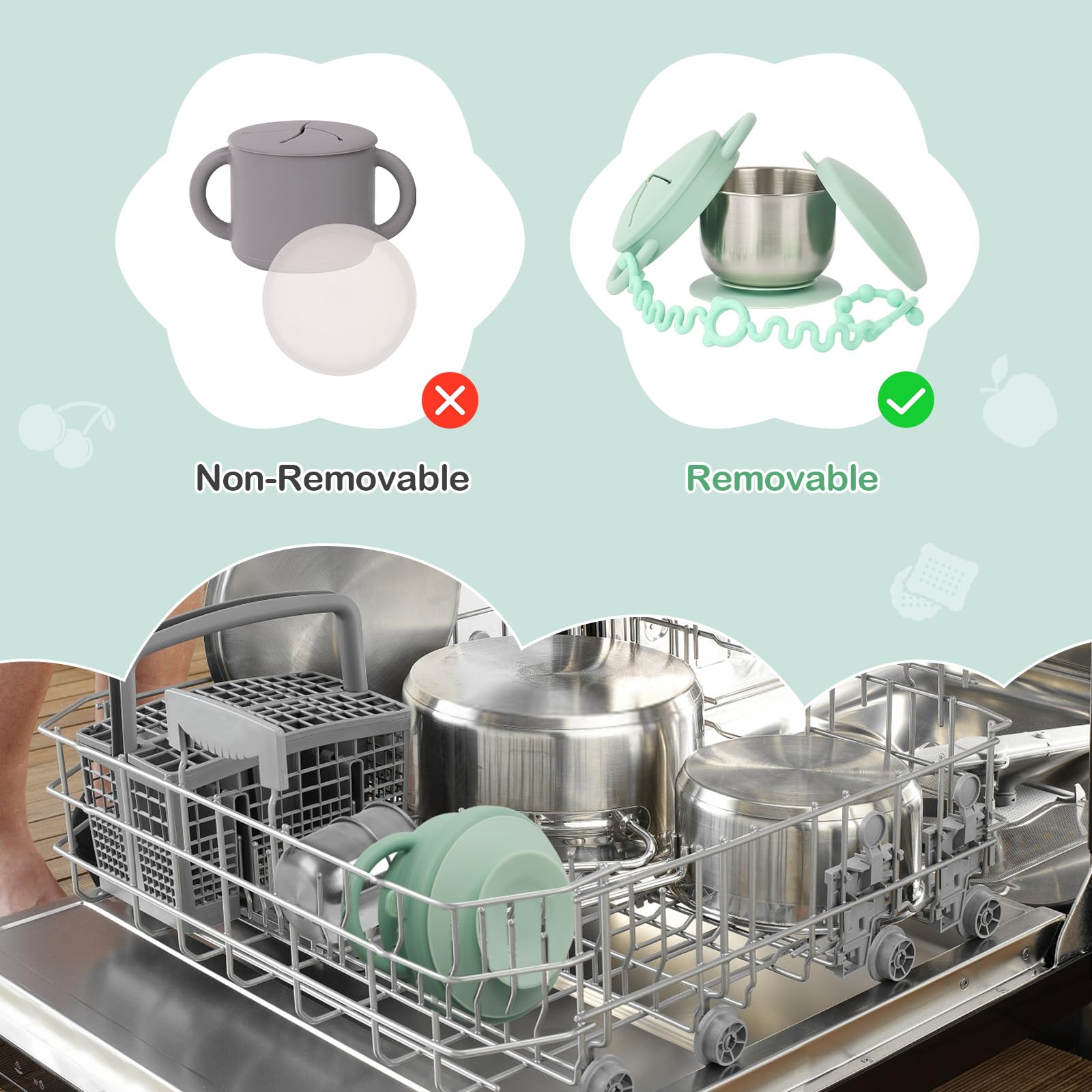 Daximo dishwasher-safe claim demonstrates easy cleaning after busy outings and daycare.