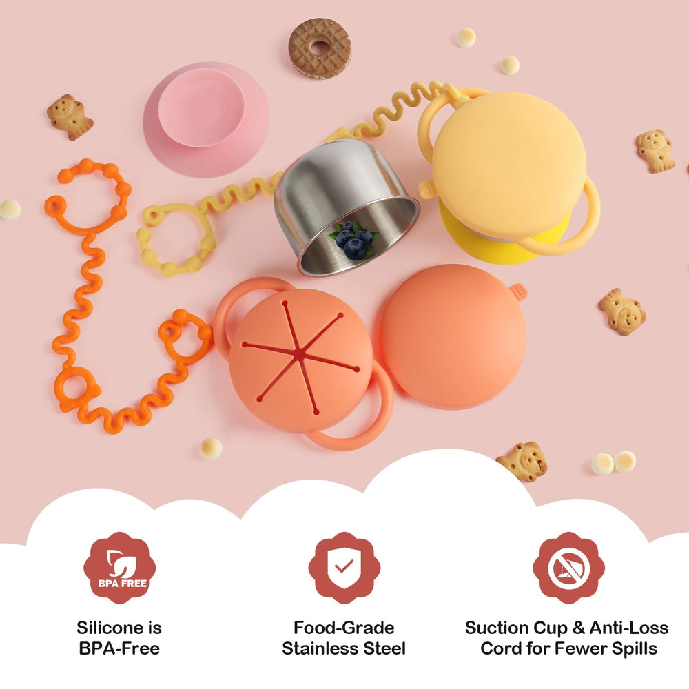 Daximo toddler snack cups feature durable stainless steel core for long-lasting snacking.