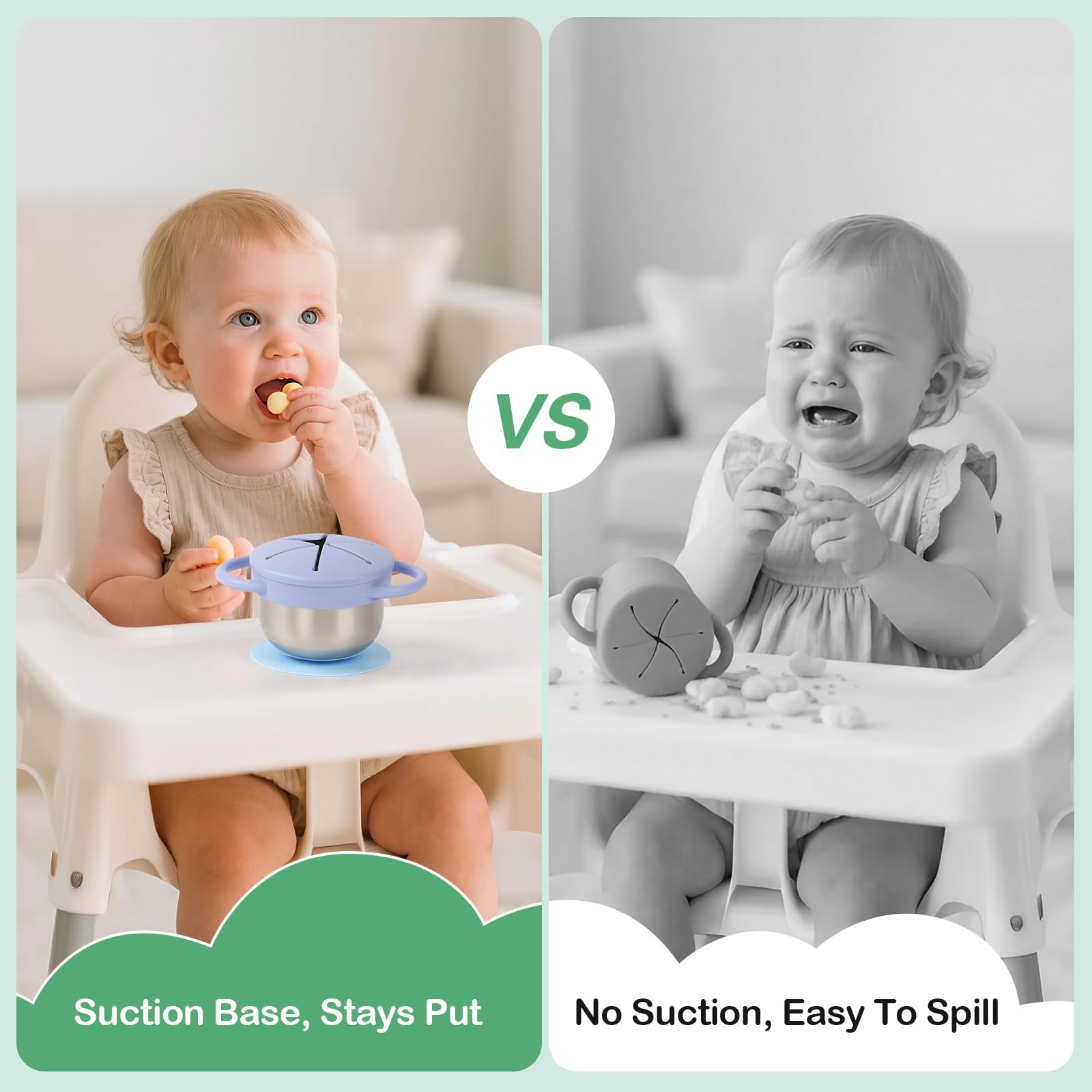 Daximo suction-base close-up demonstrates spill-proof stability on highchair trays.