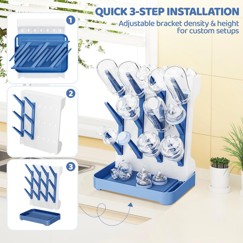 Dayacoco blue bottle rack offers practical organization for new parents.
