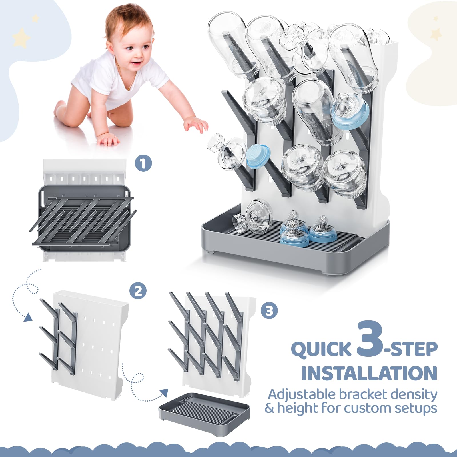 Dayacoco organized counter with top and bottom trays for pacifiers.