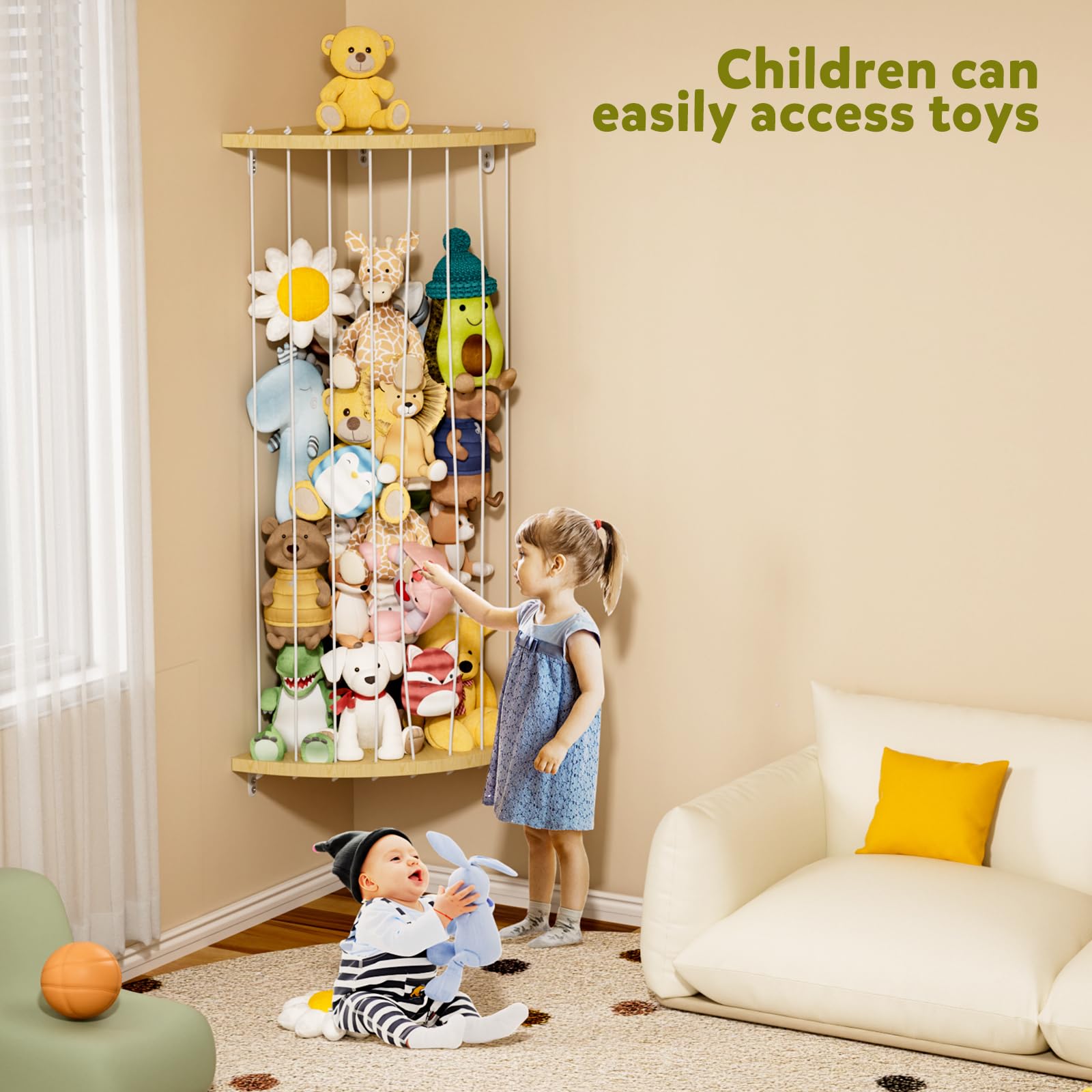 Dayacoco nursery-friendly storage in playroom creates organized plush display.