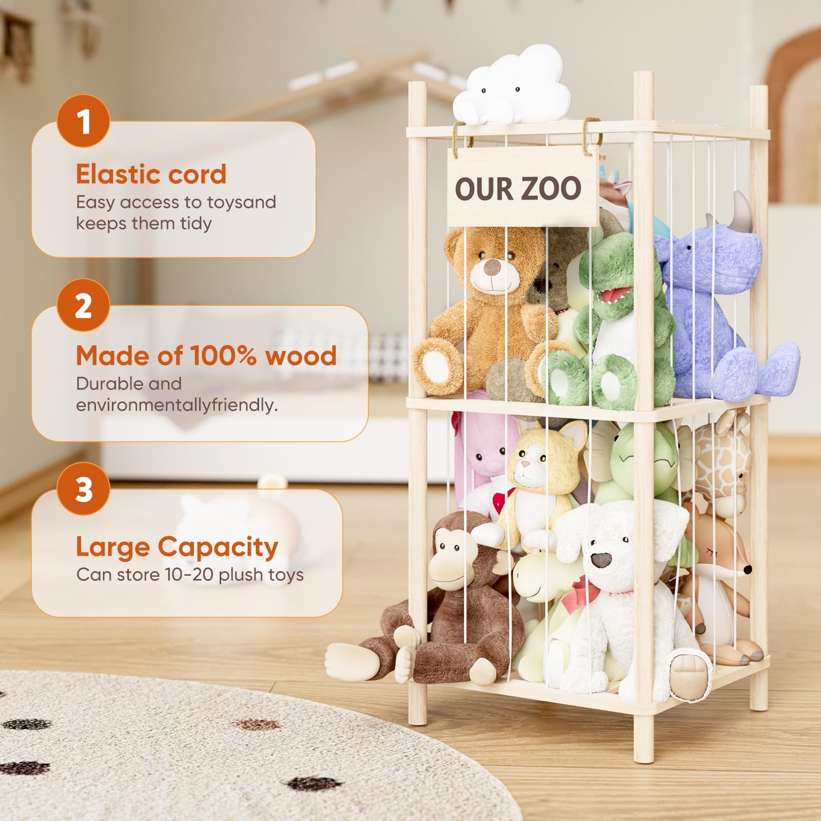 Dayacoco storage with elastic cord-wrapped system keeps plush toys neatly stored.
