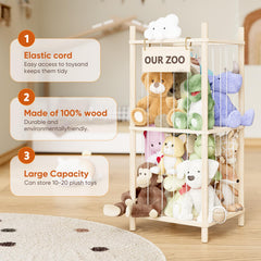 Dayacoco storage with elastic cord-wrapped system keeps plush toys neatly stored.