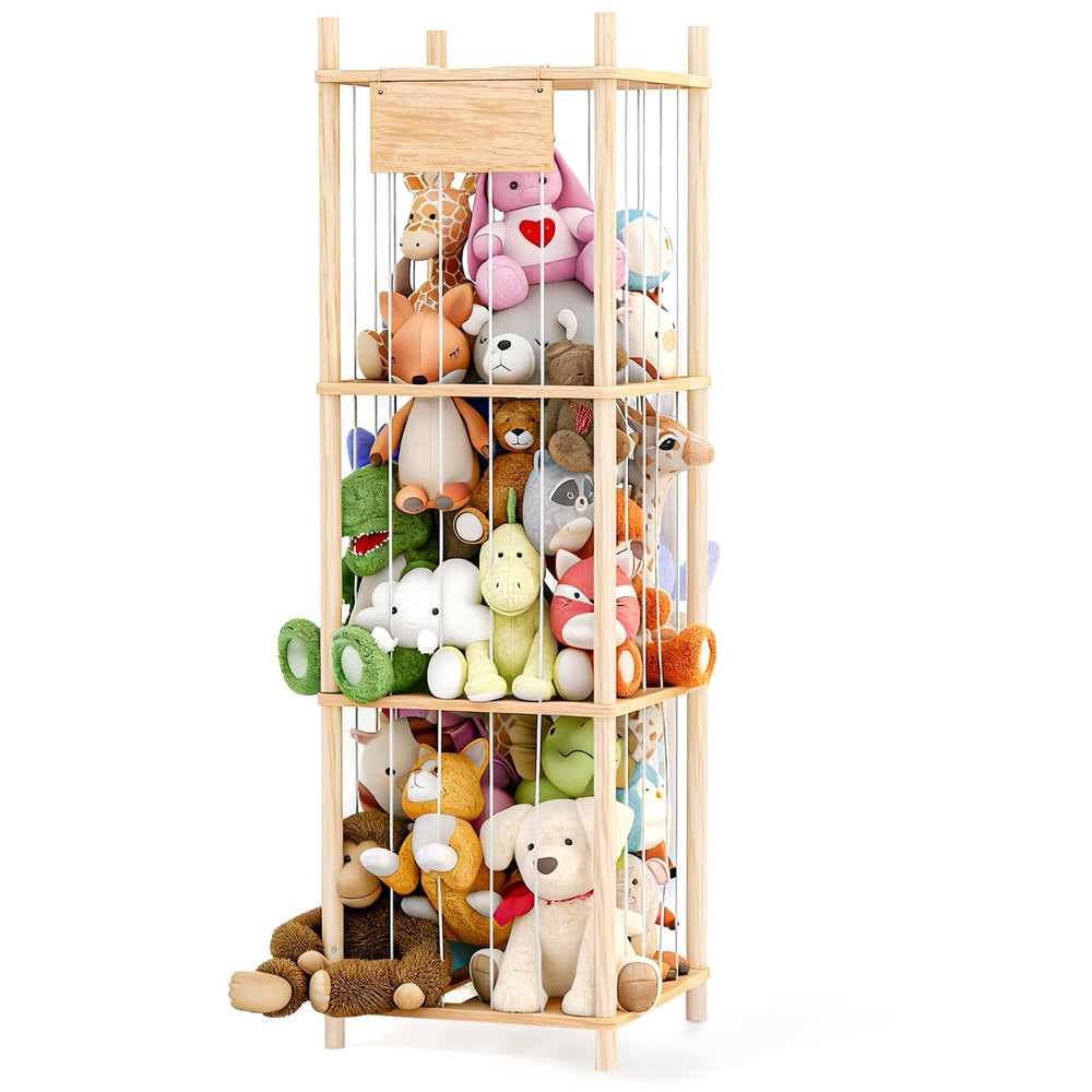 Dayacoco stuffed animal storage in pine wood—easy assembly for a neat nursery.