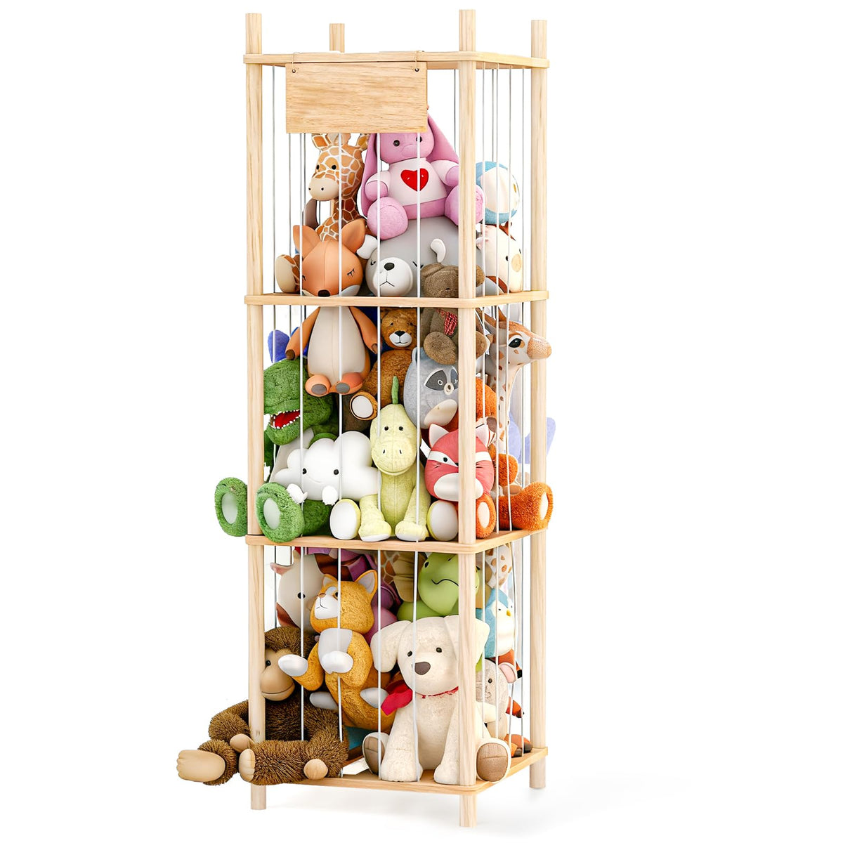 Dayacoco stuffed animal storage in pine wood—easy assembly for a neat nursery.