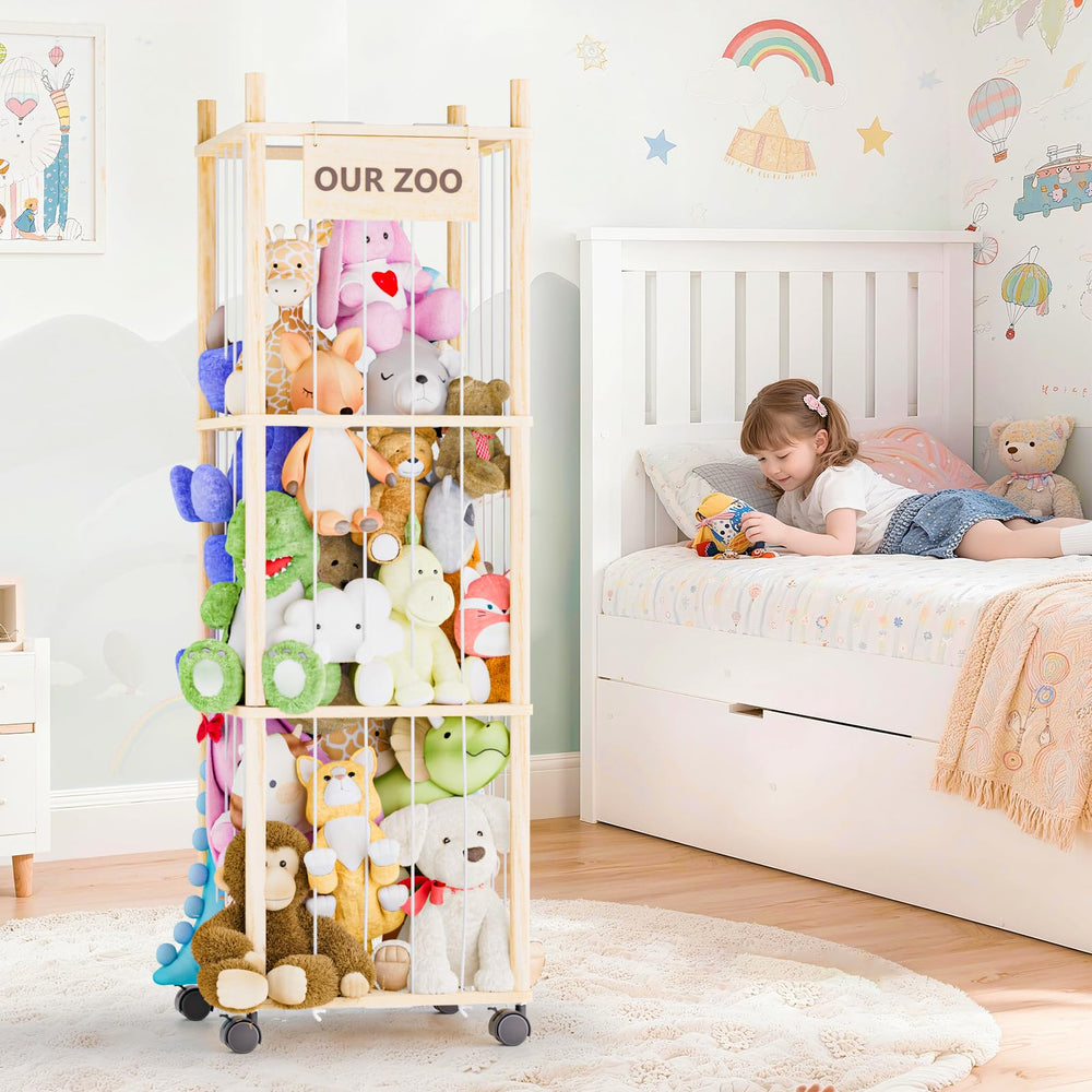 Dayacoco tall pine-bin keeps plush toys organized and off the floor