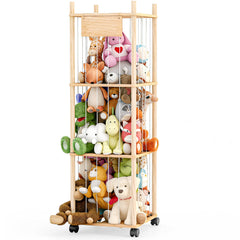 Dayacoco stuffed animal storage front view shows tall pine wood organizer for tidy playroom