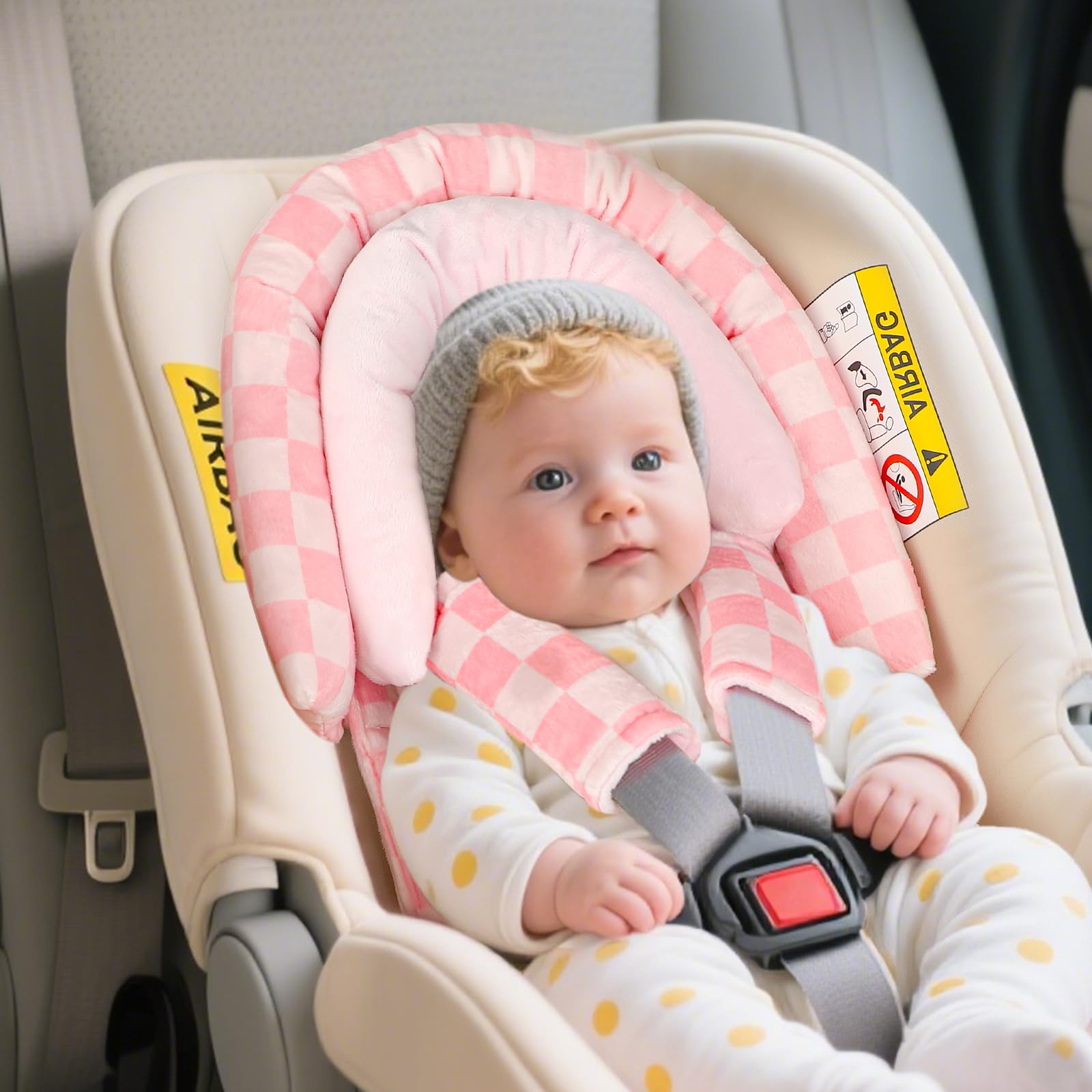 DAYEEBALL car seat head support made with soft plush fabric for delicate baby skin.