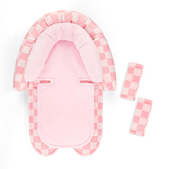 DAYEEBALL infant car seat insert in pink checkered provides gentle head support for newborns.