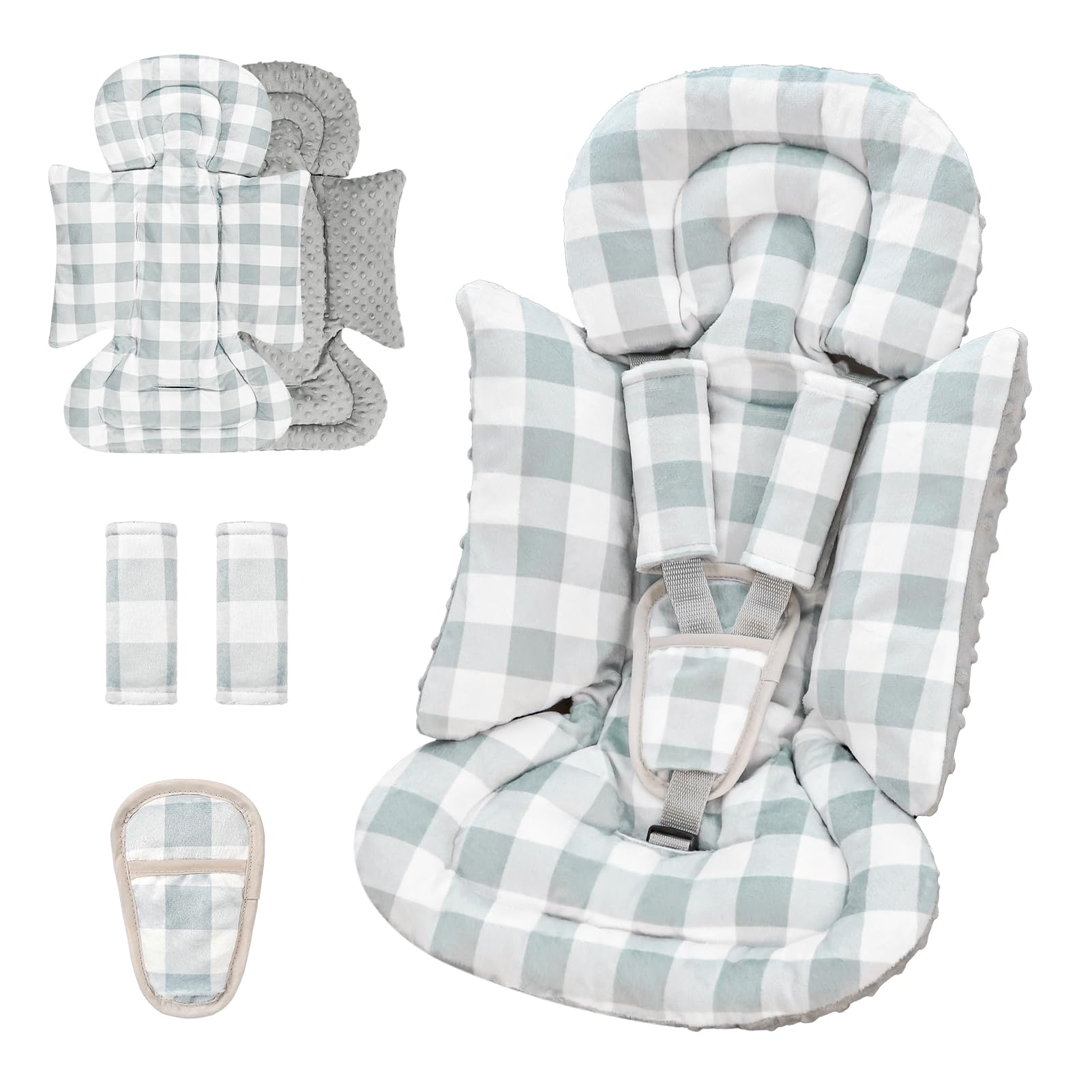 DAYEEBALL infant insert grey checkered front view offers cozy support for a comfortable ride.