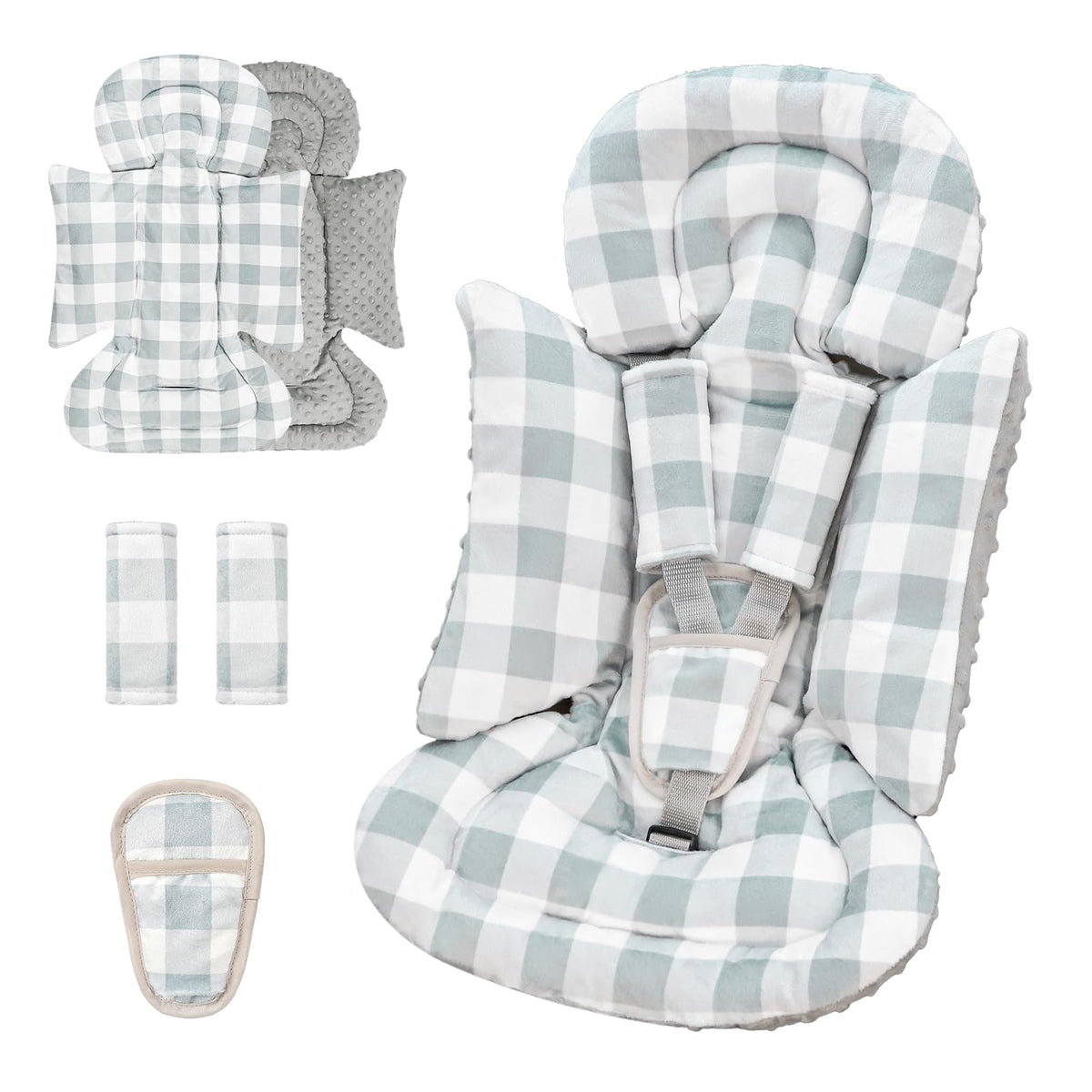 DAYEEBALL infant insert grey checkered front view offers cozy support for a comfortable ride.