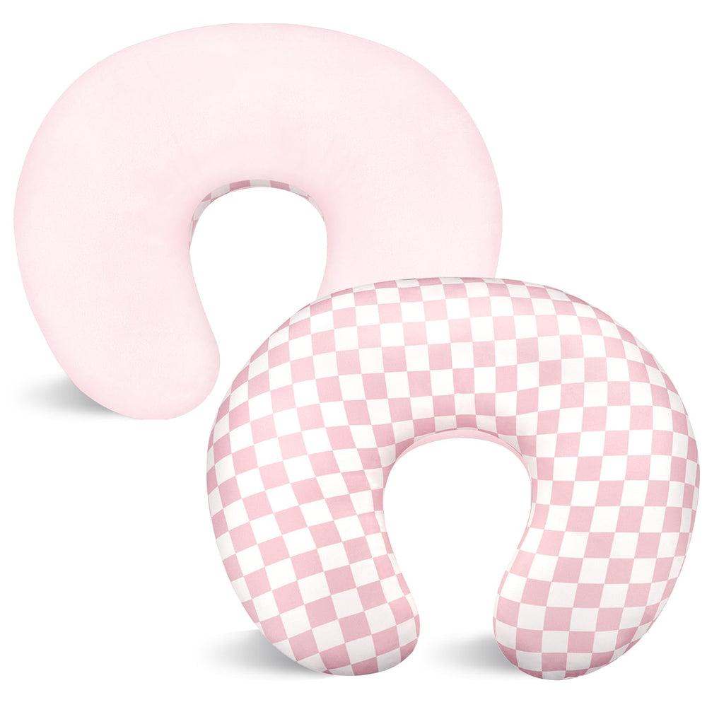 DAYEEBALL nursing pillow cover pink checkerboard front close-up showing reversible fabric.