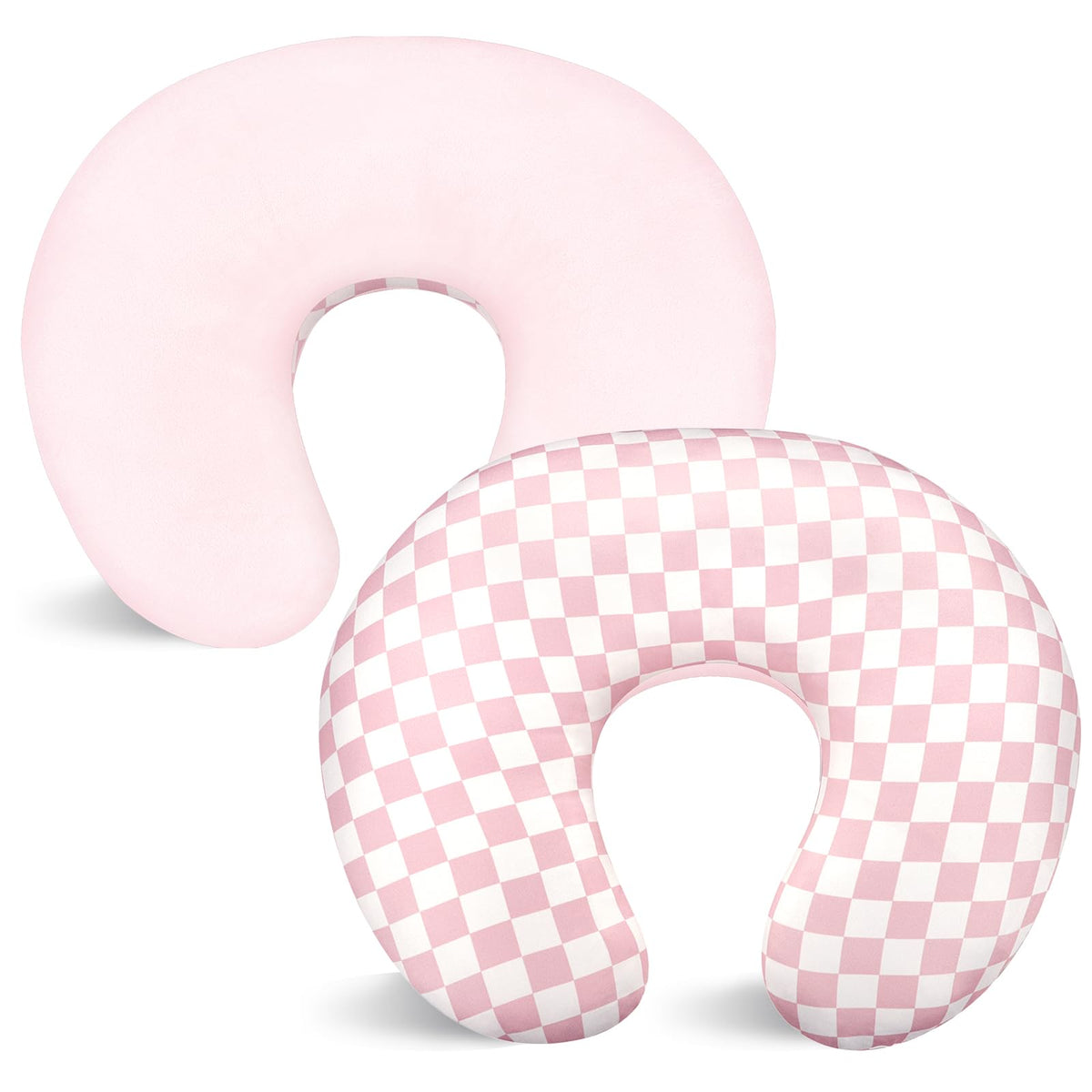 DAYEEBALL nursing pillow cover pink checkerboard front close-up showing reversible fabric.