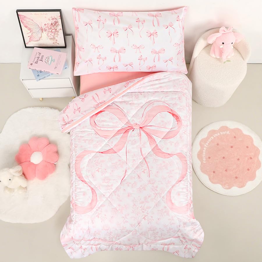 DAYEEBALL toddler bedding set pink bow quilt — cozy reversible warmth for bedtime routines