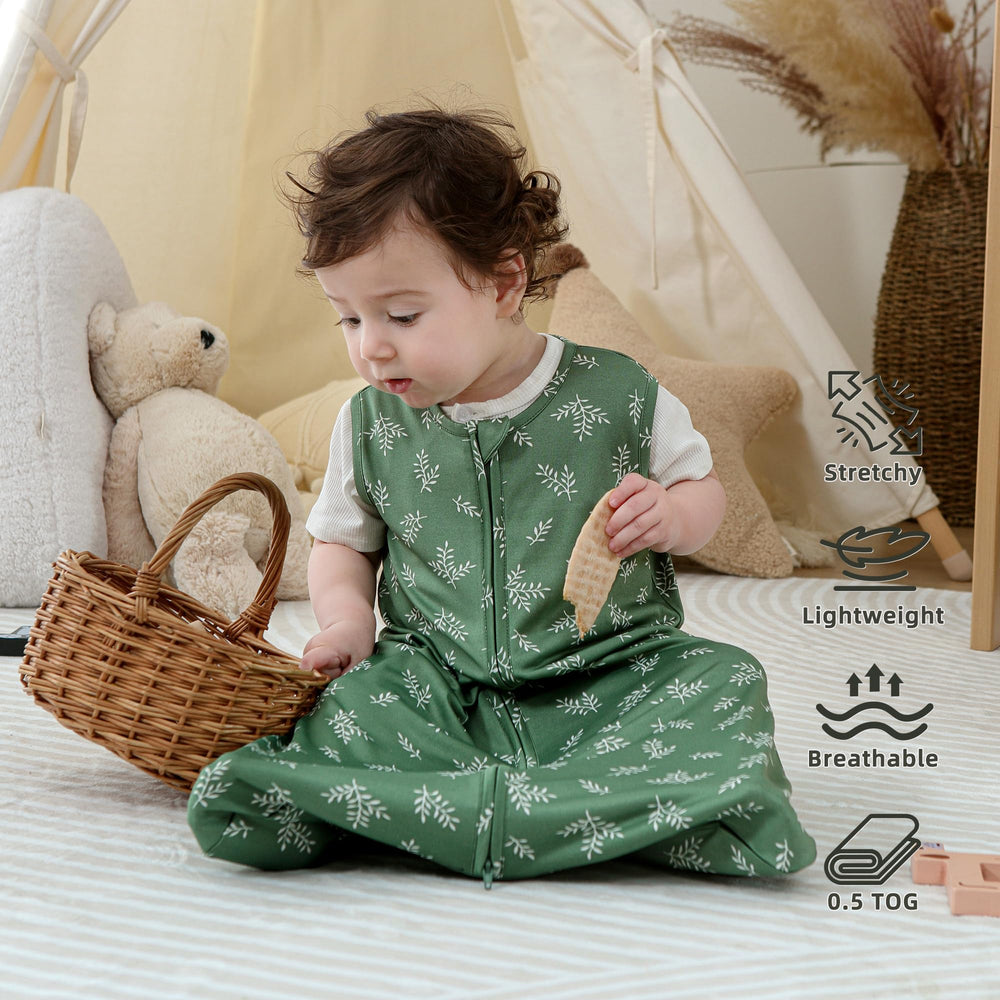 DaysU sleep sack fabric closeup shows soft, stretchy blend for gentle wear.