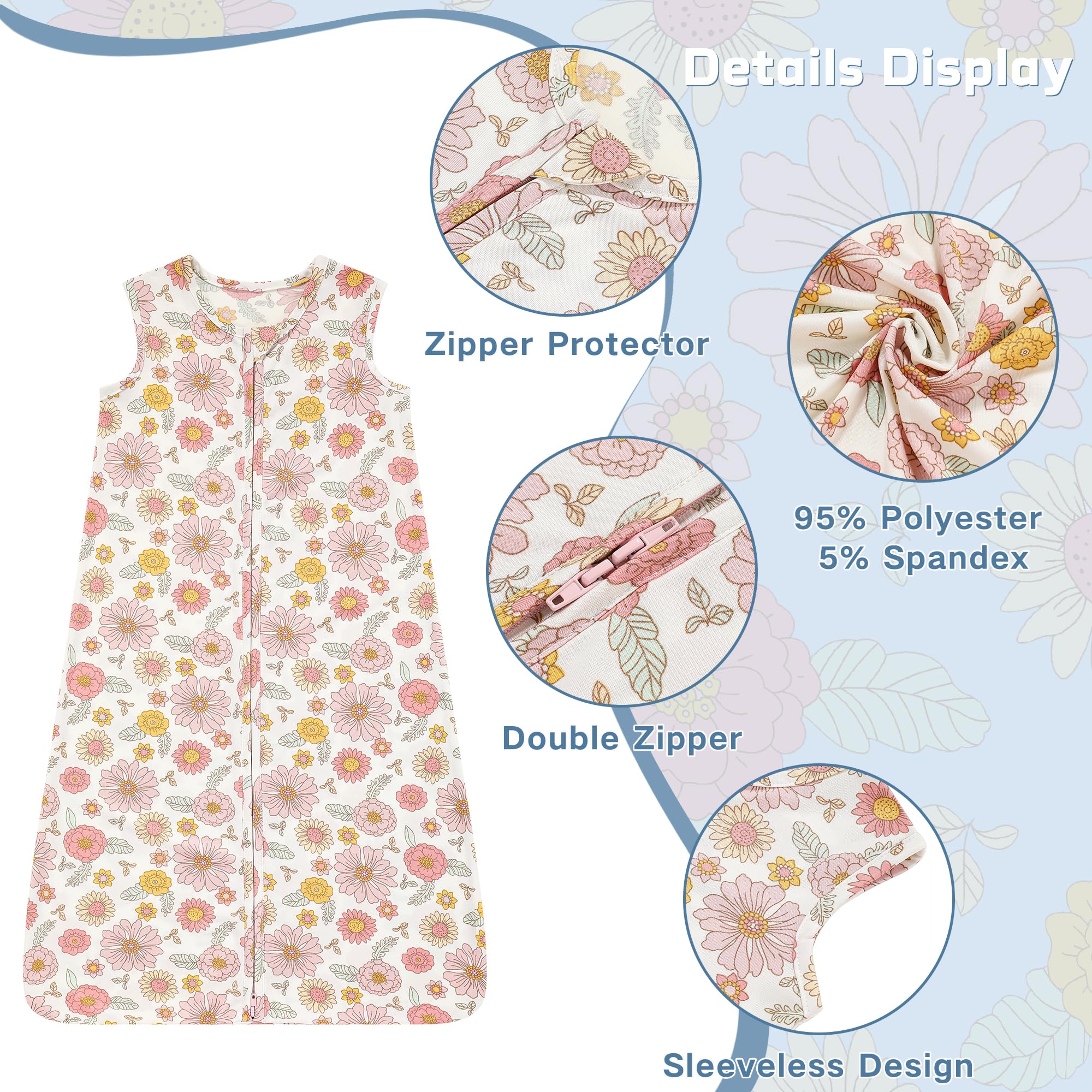 DaysU wearable blanket with sunflower design, two-way zipper for easy diaper changes.