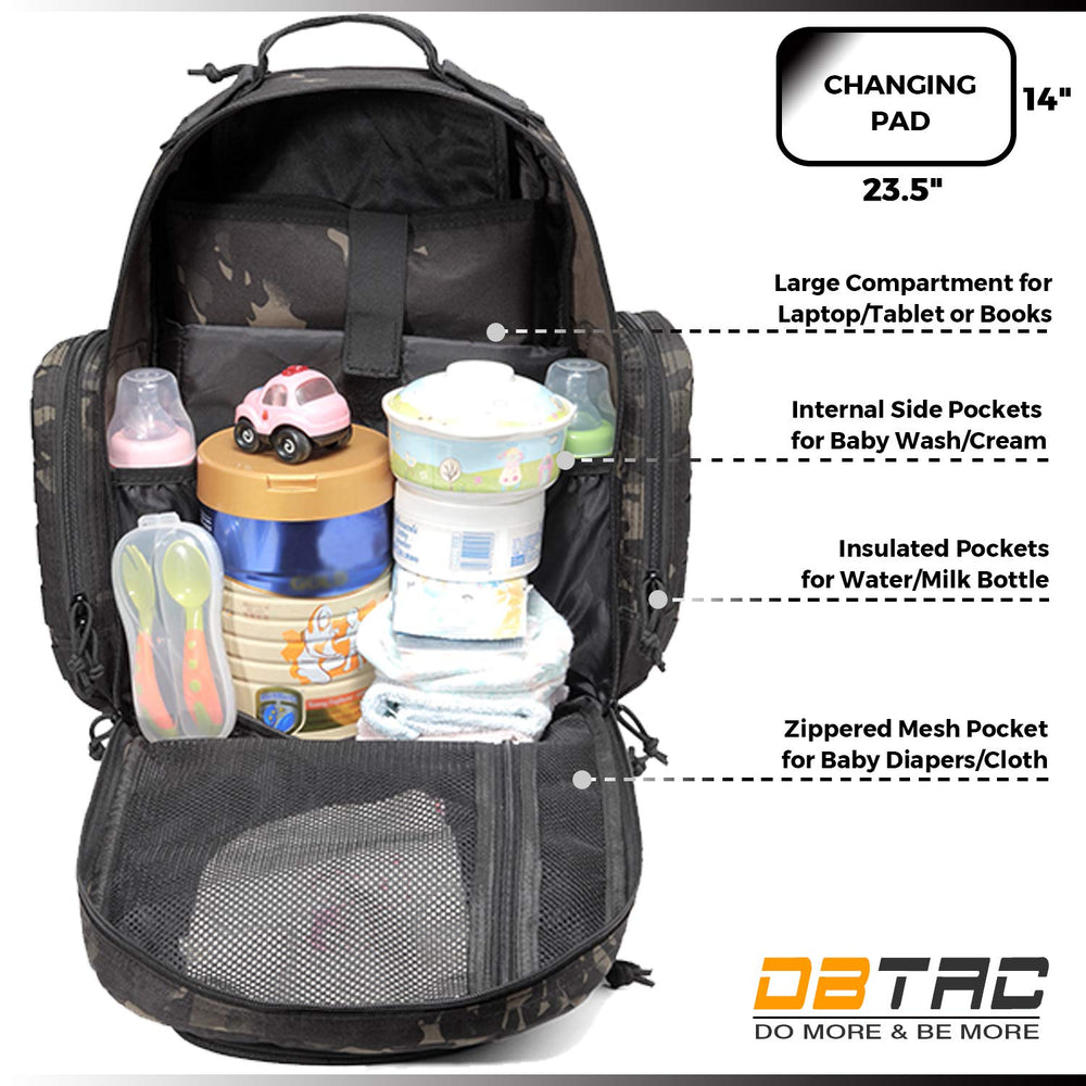 DBTAC changing mat pocket visible on diaper bag backpack for quick diaper changes.