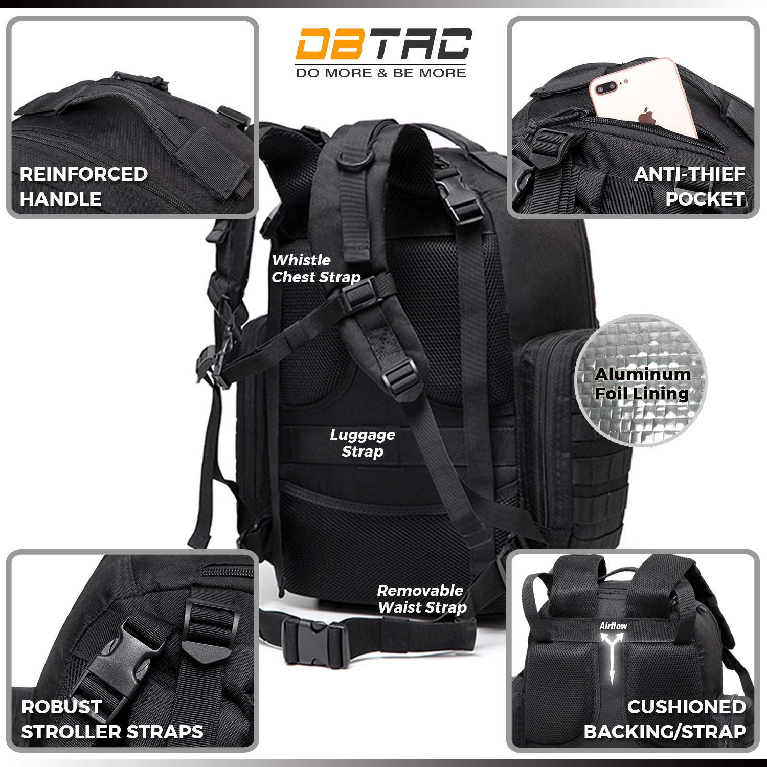 DBTAC Charcoal Camo bag featuring stroller straps for hands-free travel.