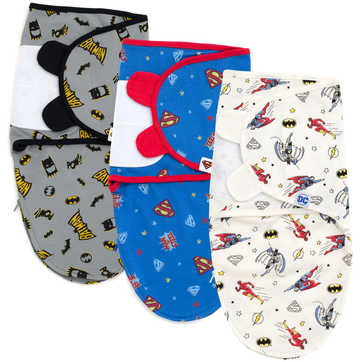 DC Comics Batman swaddle close-up showing secure Velcro closure for easy dressing
