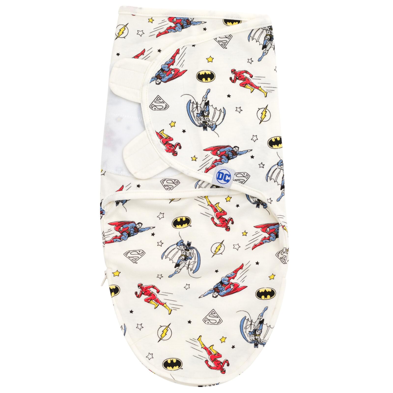 DC Comics Justice League swaddle all-over print on gray-blue-white fabric for daily wear