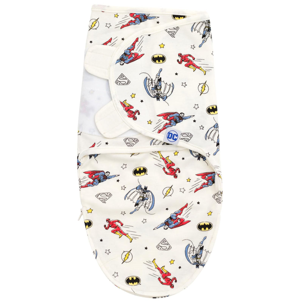 DC Comics Justice League swaddle all-over print on gray-blue-white fabric for daily wear