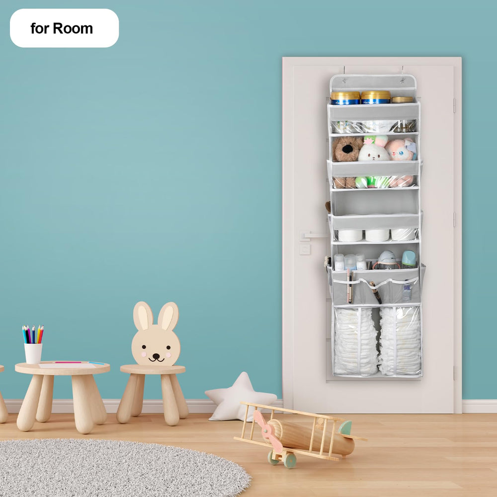 DCCDU over-door organizer with five tiers highlights large storage capacity for diapers and toys.