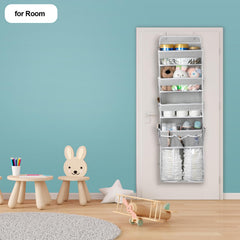 DCCDU over-door organizer with five tiers highlights large storage capacity for diapers and toys.
