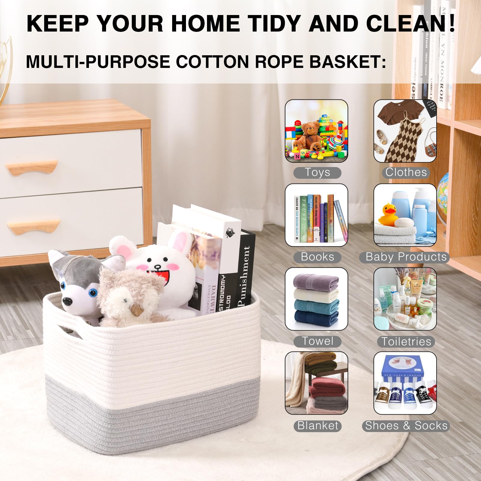 Dcerzxzci grey-off-white basket in a living room stores toys and essentials.